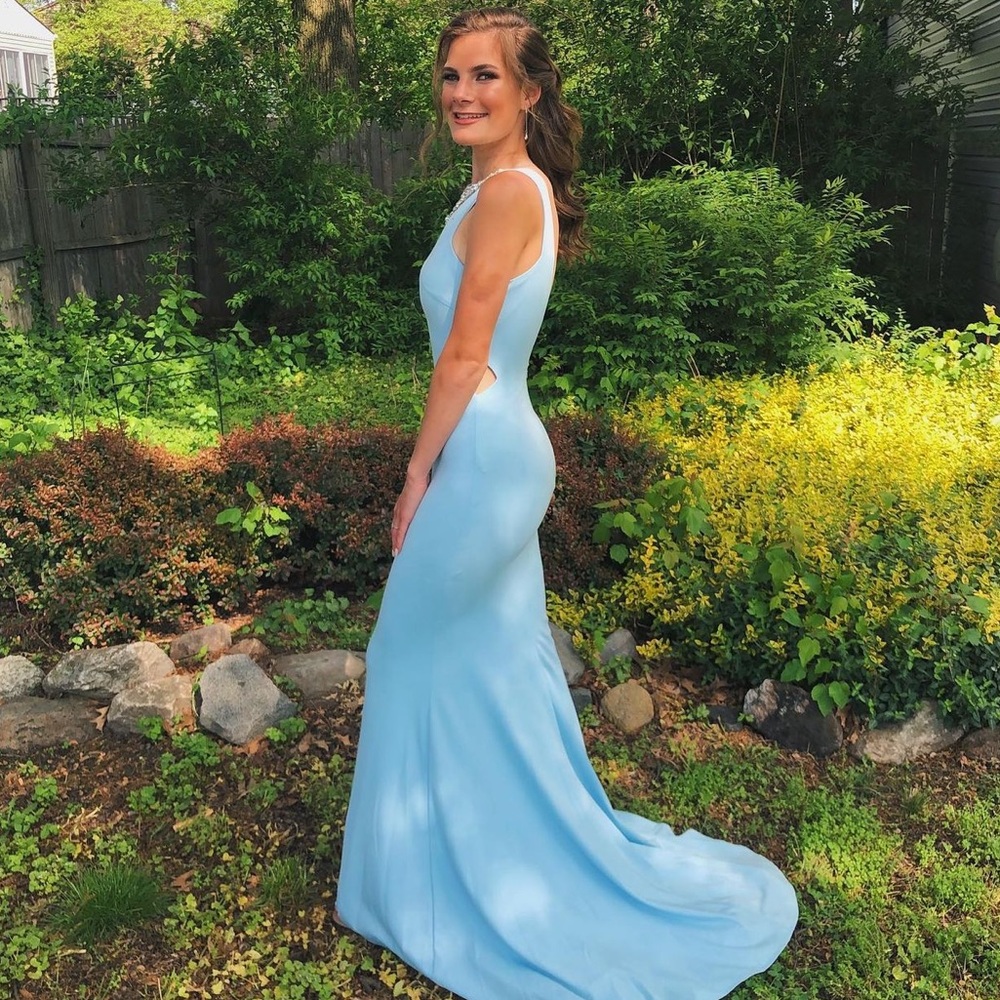 Light Blue Cut Out Bejeweled Prom Dress